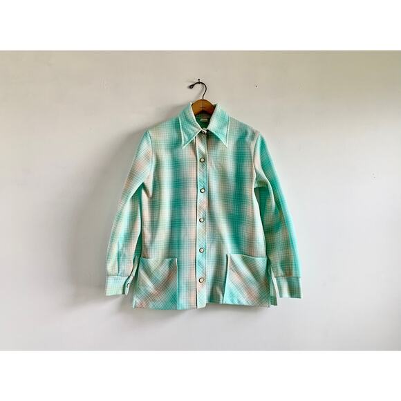 Vintage 70s Pastel Plaid Chore Shirt | Aqua Pink | Lightweight Poly Jacket | M/L - Picture 1 of 5